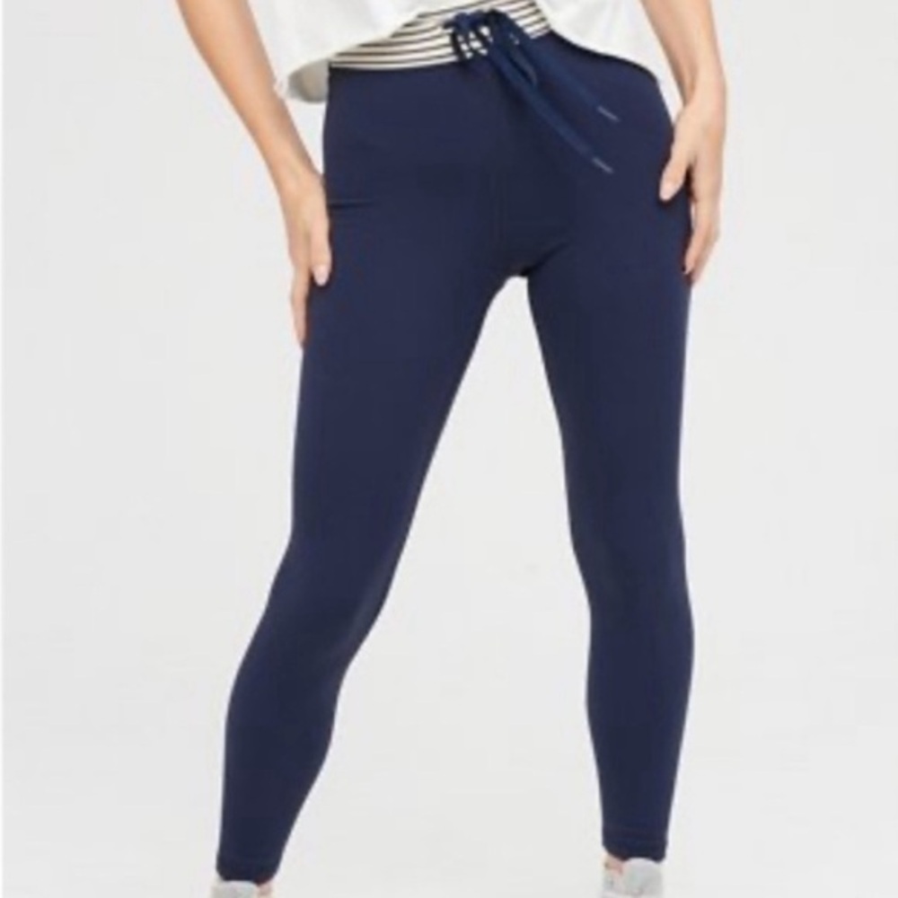 Aerie Blue Ribbed Drawcord Athletic 7/8 Leggings Jogger Stripe Size Large Short